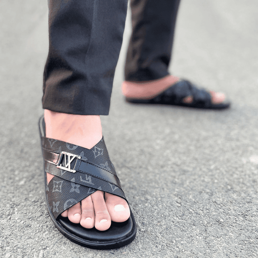 LE Pure Leather Handmade Cross Print Slipper - 570