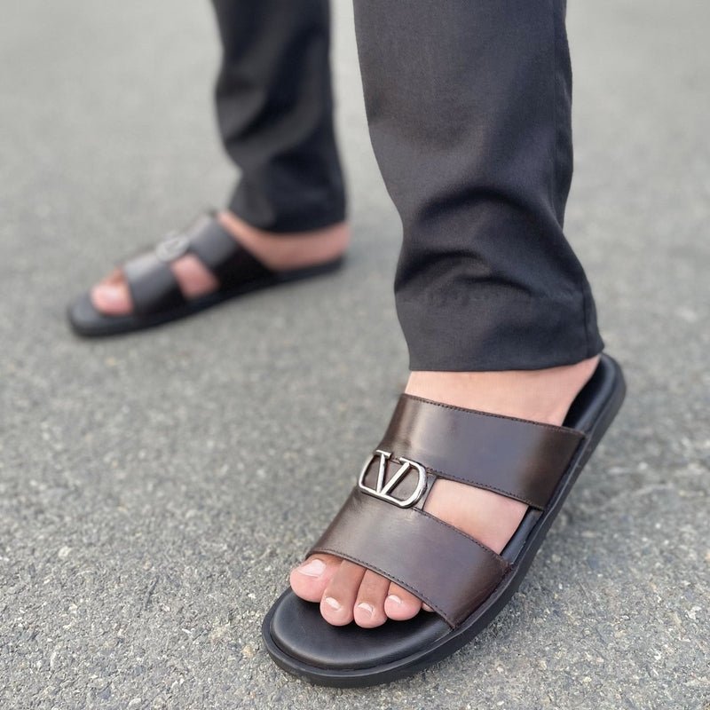 LE Pure Leather Handmade Y Buckled Slipper Brown - 518