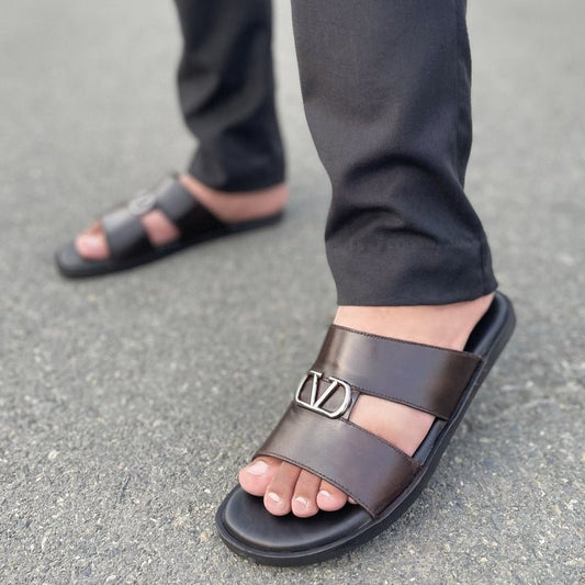 LE Pure Leather Handmade Y Buckled Slipper Brown - 518