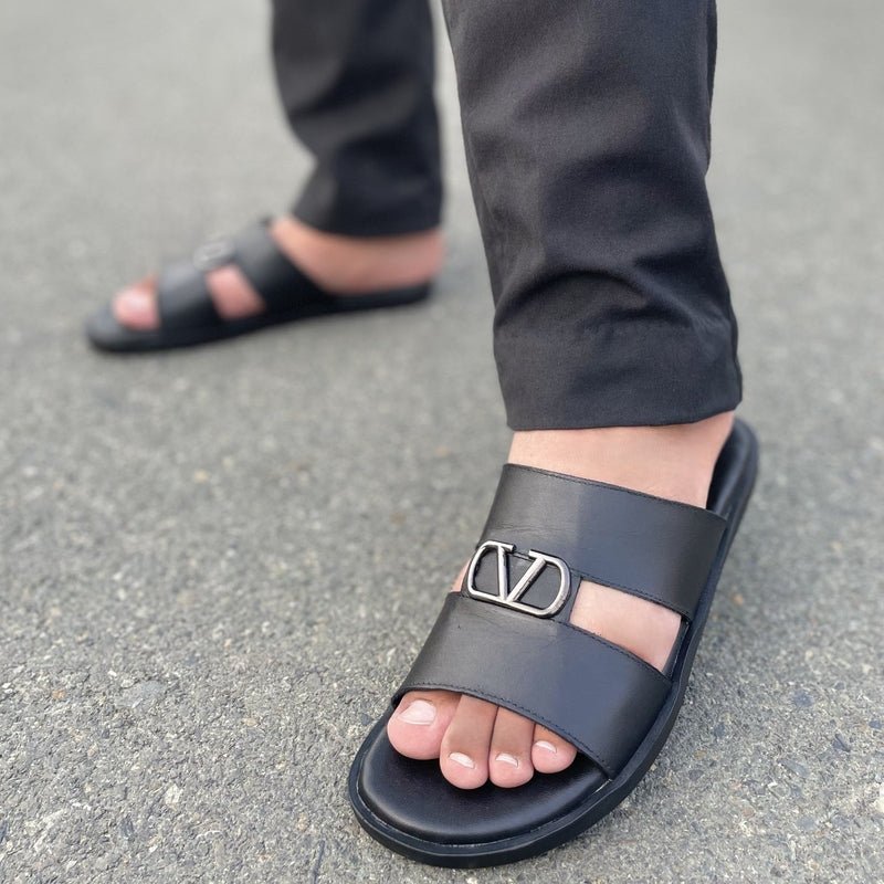 LE Pure Leather Handmade Y Buckled Slipper Black - 512