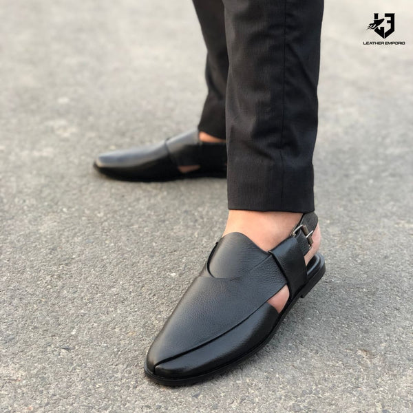 Le Pure Leather Handmade Classic Black-313 Sandal Peshawari