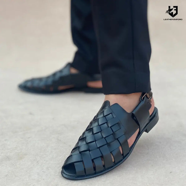Le Pure Leather Handmade Woven Black-303 Sandal Peshawari