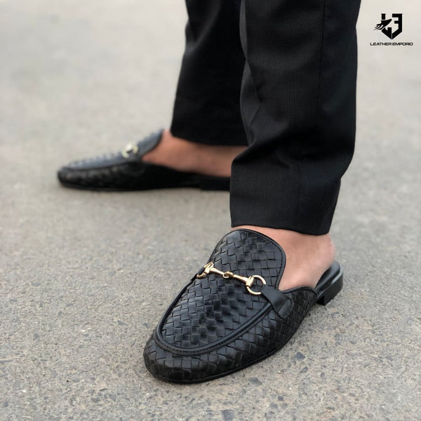 Le Pure Leather Handmade Woven Black Mules-704 Mules