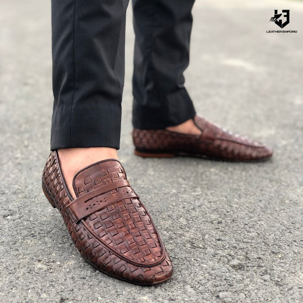 Le Pure Leather Handmade Woven Brown-112 Formal Shoes