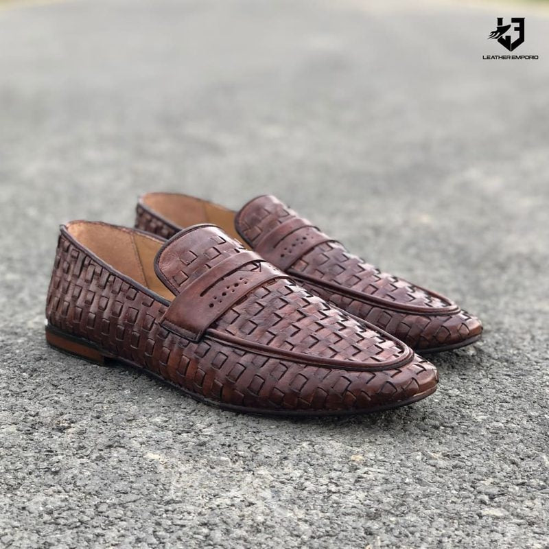 Le Pure Leather Handmade Woven Brown-112 Formal Shoes