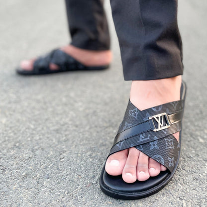 LE Pure Leather Handmade Cross Print Slipper - 570