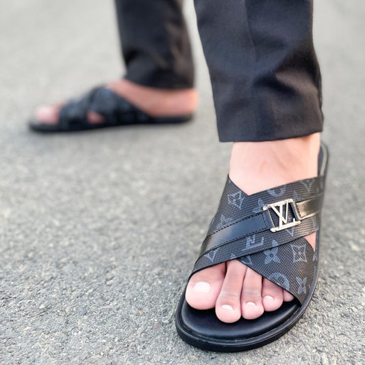 LE Pure Leather Handmade Cross Print Slipper - 570