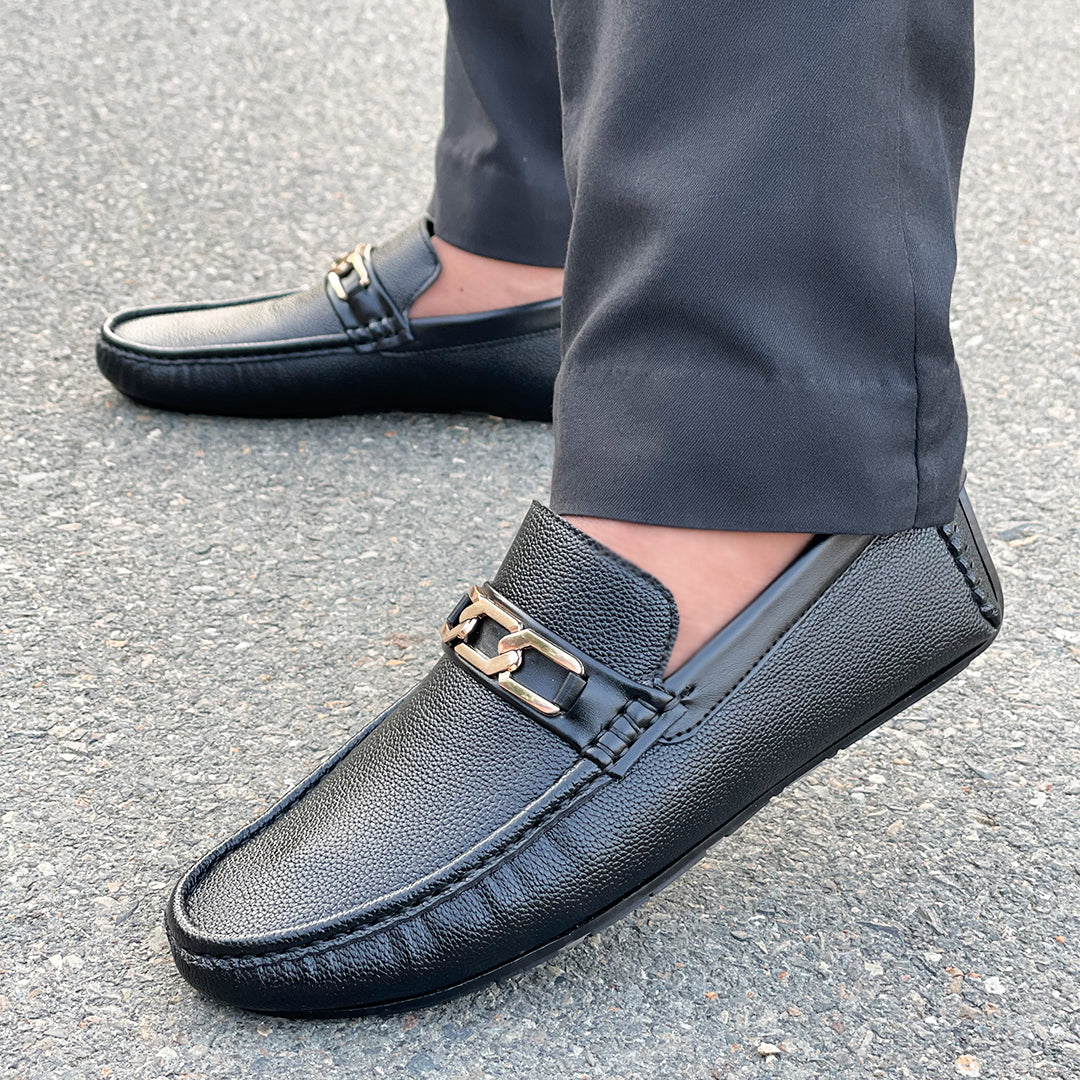 LE Pure Leather Grain-Chain Black Loafer WL 629
