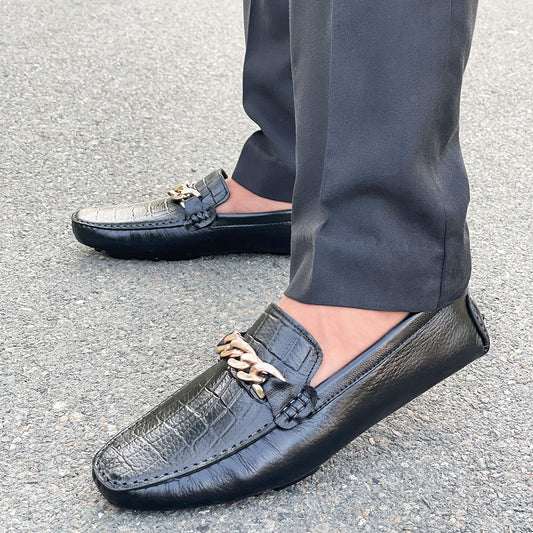 LE Pure Leather Handmade Chainy Black Loafer 634