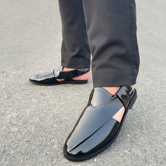 Le Premium Leather Patent Black Peshawari Sandal - 7701