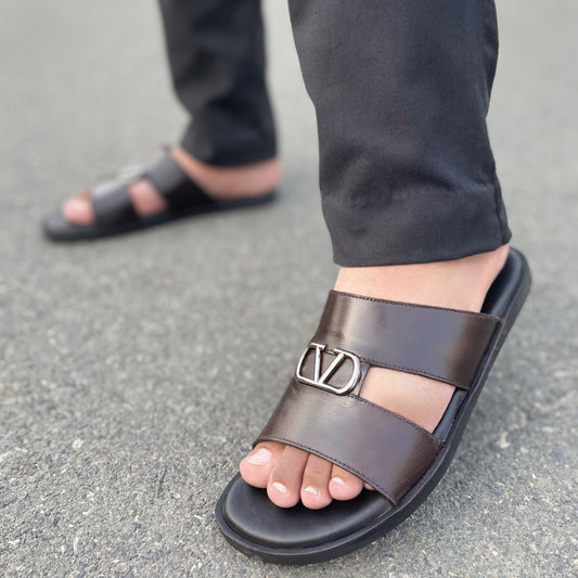 LE Pure Leather Handmade Y Buckled Slipper Brown - 518