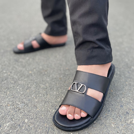 LE Pure Leather Handmade Y Buckled Slipper Black - 512