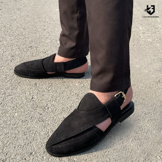 LE Pure Leather Handmade Black Peshawari Chappal - 335