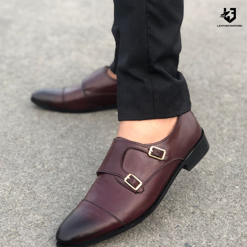 Le Pure Leather Handmade Double Monk Oxblood-105 Formal Shoes