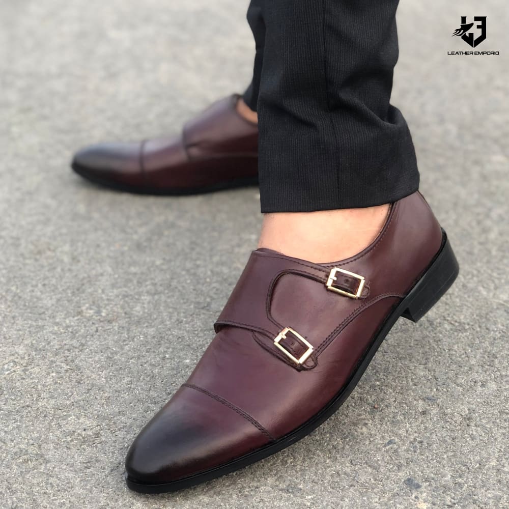 Le Pure Leather Handmade Double Monk Oxblood-9287 Formal Shoes