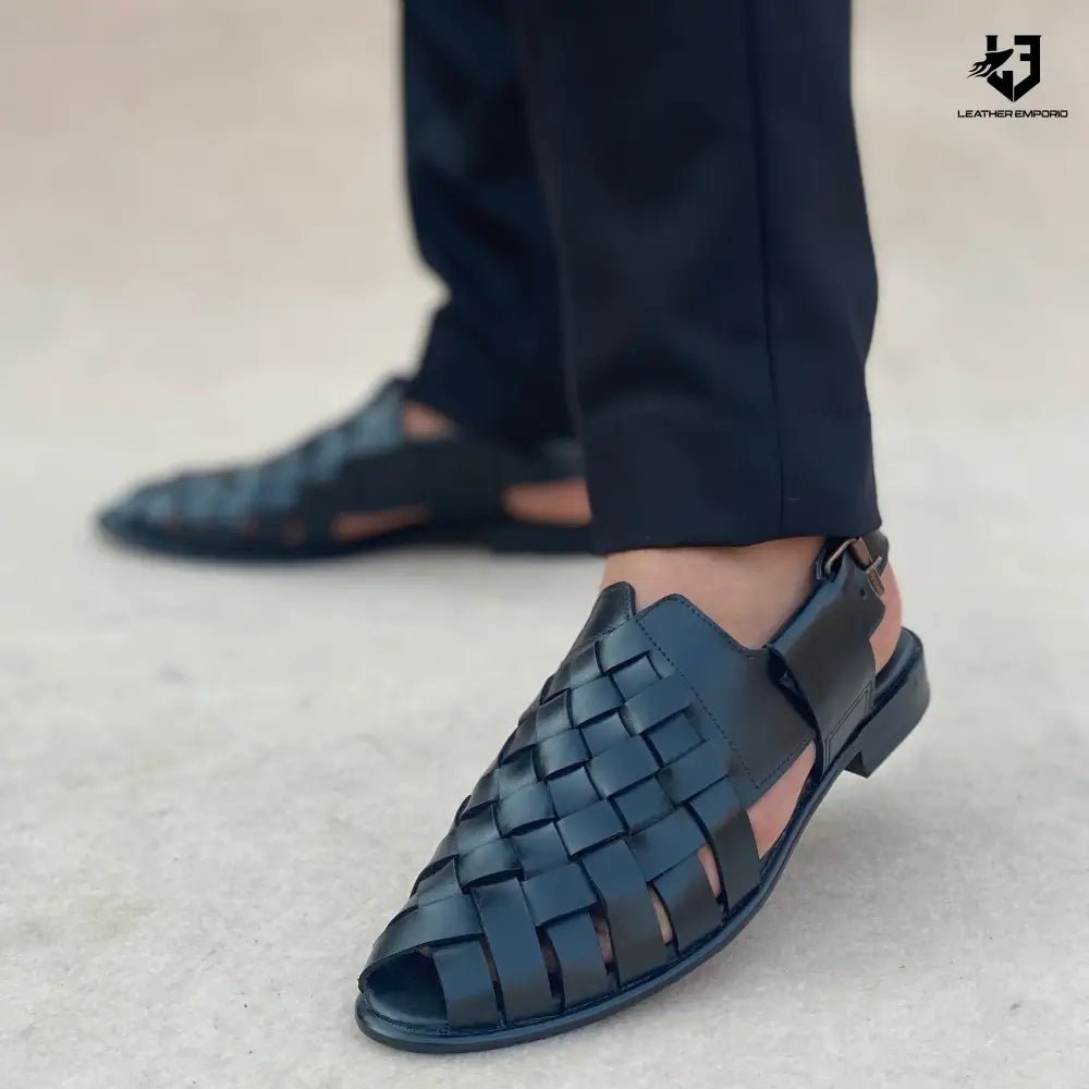 Le Pure Leather Handmade Woven Black-303 Sandal Peshawari