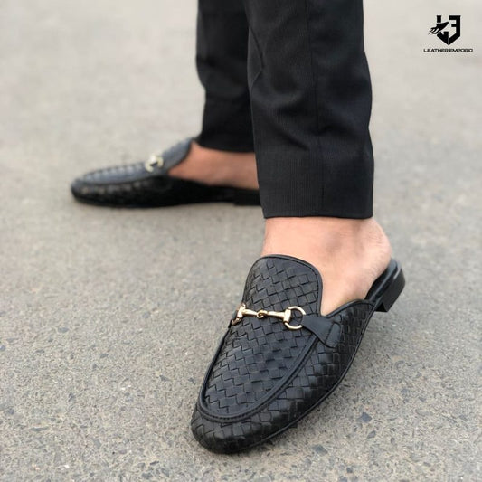 Le Pure Leather Handmade Woven Black Mules-704 Mules