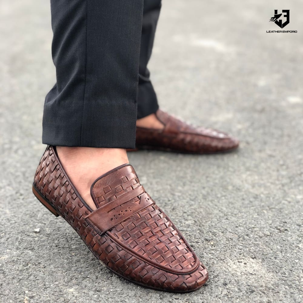 Le Pure Leather Handmade Woven Brown-112 Formal Shoes