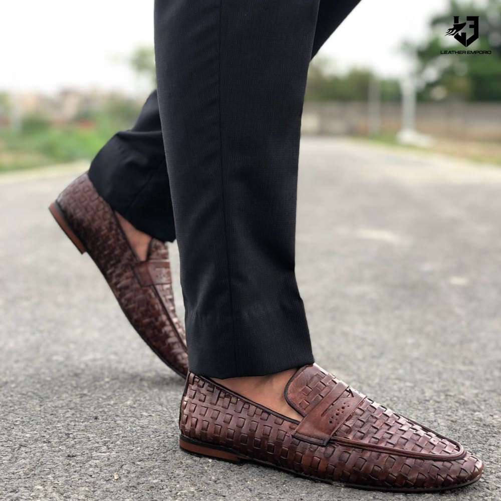 Le Pure Leather Handmade Woven Brown-112 Formal Shoes